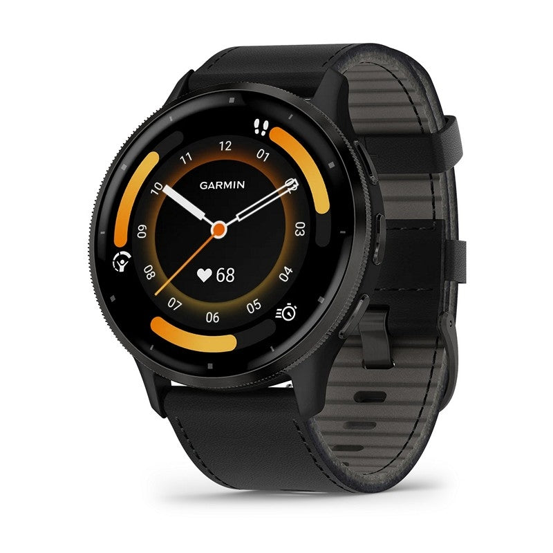 Garmin Venu 3S herreur med slate urkrans i stål og sort læderrem – AMOLED-skærm