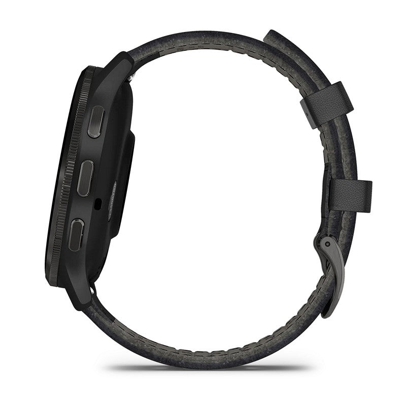 Garmin Venu 3S herreur i stål med sort læderrem – set fra siden