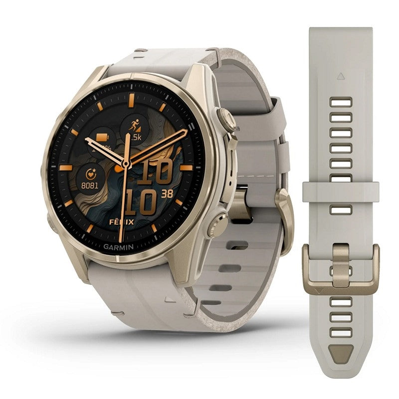 GARMIN Fenix 8 AMOLED smartwatch med safirkrystal, limestone læderrem og soft gold titaniumdetaljer – Ø 43 mm