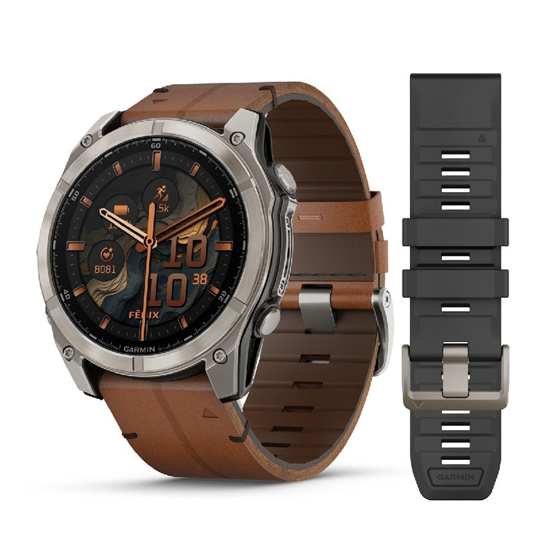 GARMIN Fenix 8 AMOLED Sapphire smartwatch med Chestnut læderrem og safirskærm på 51 mm