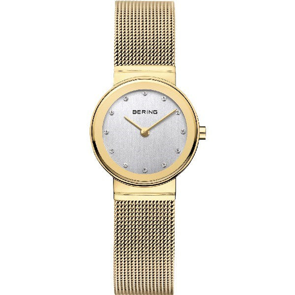 BERING Classic dameur i poleret guld med mesh lænke i rustfrit stål – minimalistisk dansk design