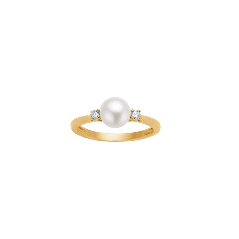 Siersbøl guldring i 14 karat med hvid perle og diamanter på 0,078 ct W/SI