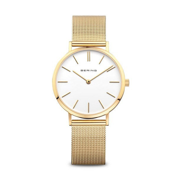 BERING Classic dameur i poleret guldfarvet rustfrit stål med hvid urskive, 34 mm