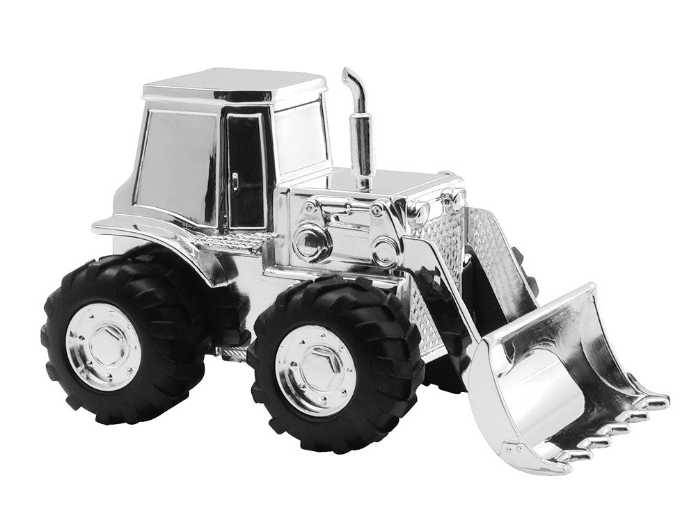 Nordahl Andersen traktor sparebøsse i forkromet metal – charmerende gave til barnedåb eller første fødselsdag