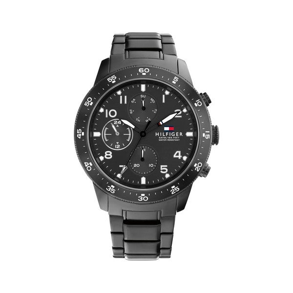 Tommy Hilfiger herreur i sort IP-behandlet stål med sort skive og stållænke, Ø 44 mm