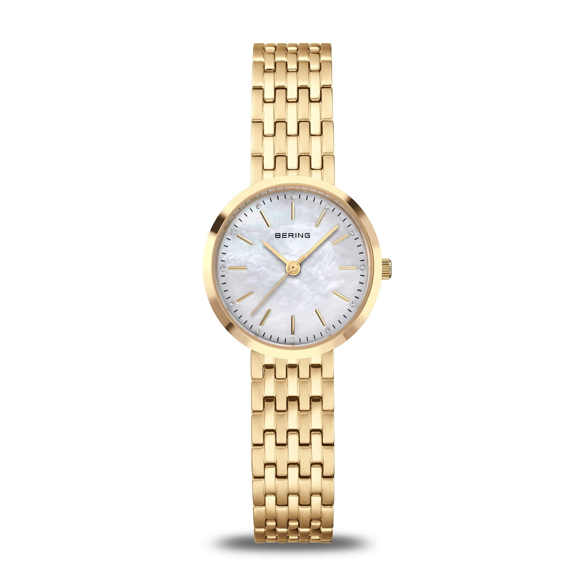 BERING Classic dameur i poleret guld med hvid perlemorsurskive og guldfarvet rustfrit stål armbånd, 26 mm