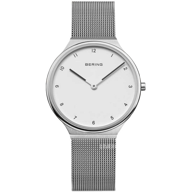 BERING Ultra Slim dameur i børstet og poleret stål med hvid skive og 34 mm kasse