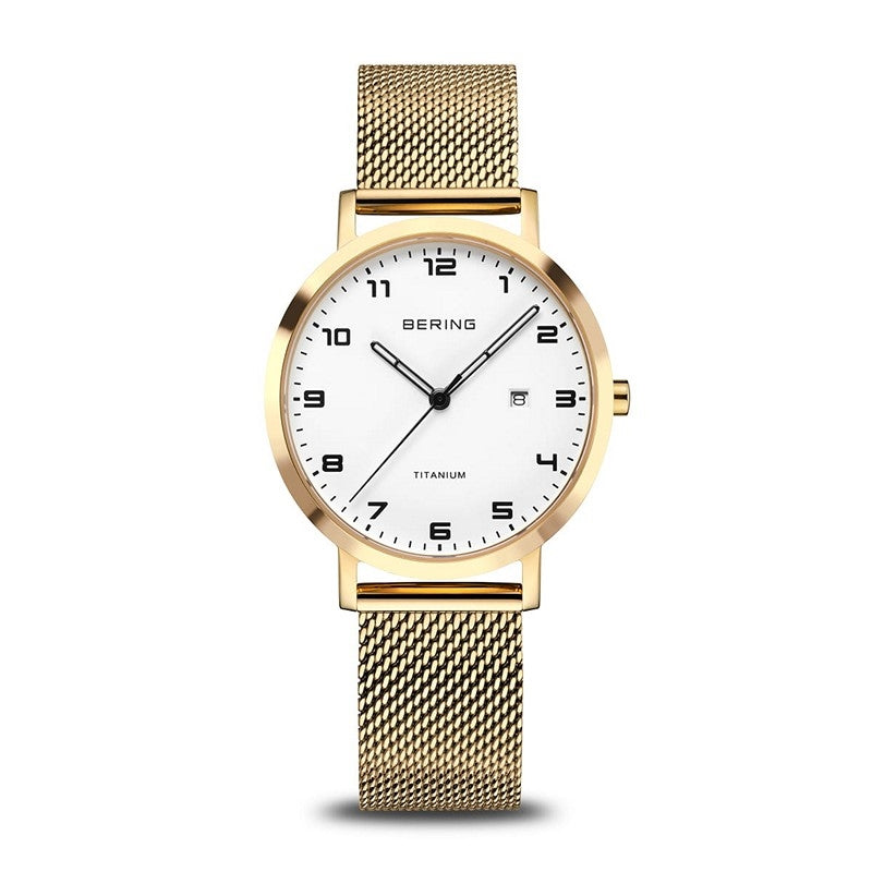 BERING titanium dameur med poleret og børstet guld finish, hvid urskive og mesh-lænke