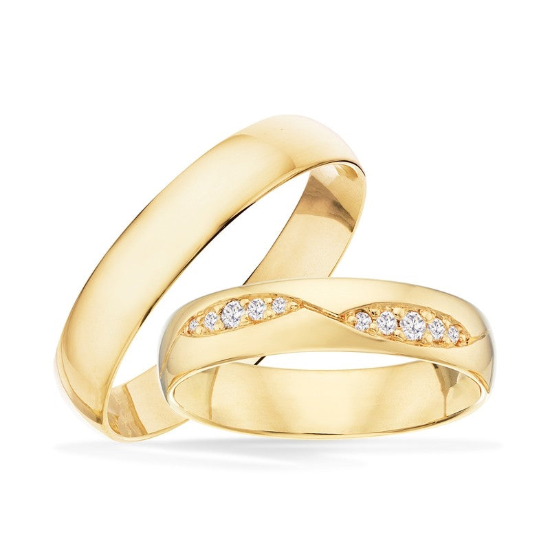 Scrouples vielsesringe i guld – nærbillede af fatning med 0,10 ct brillanter i hjerteformet ellipse