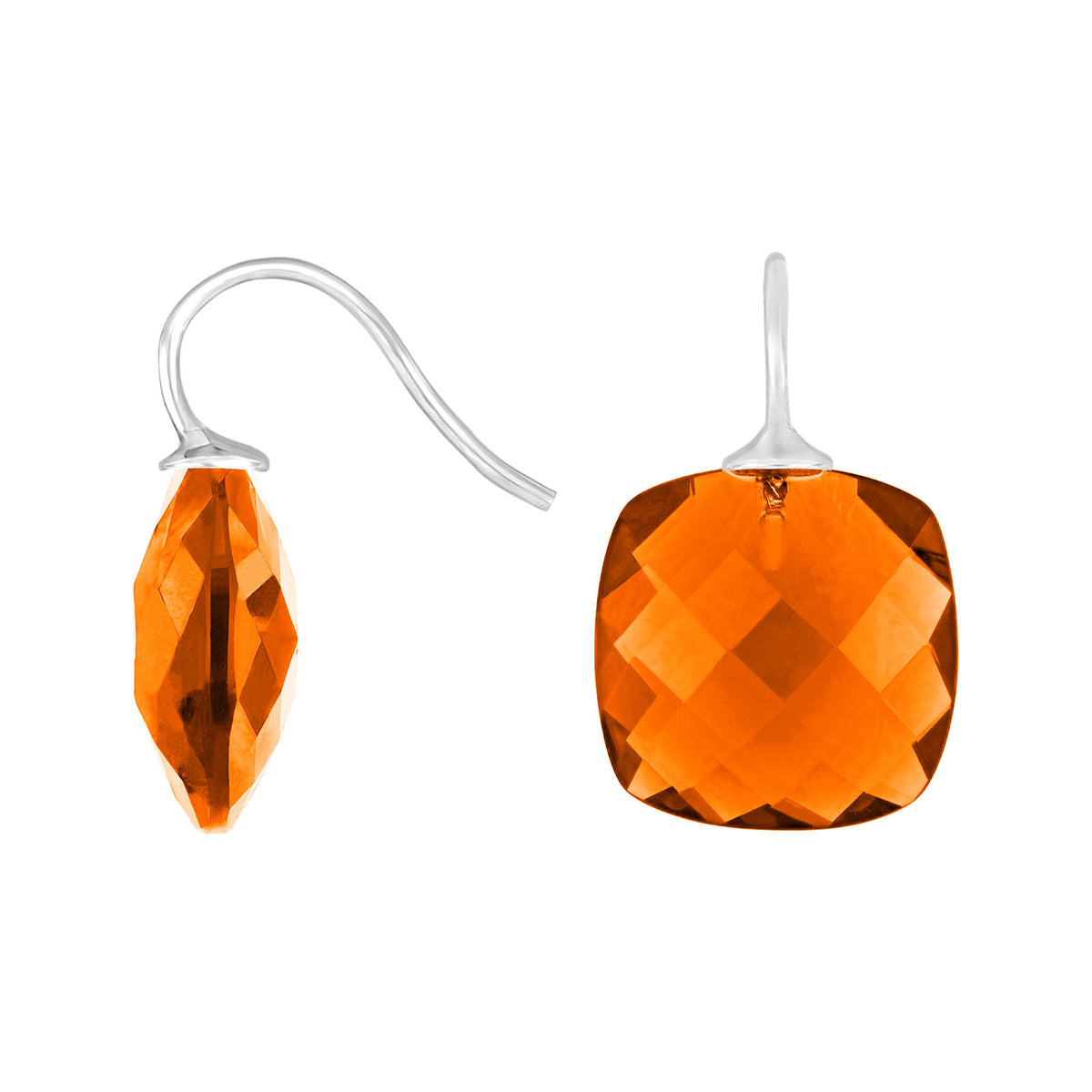 Heide Heinzendorff orange øreringe i sølv med kvarts og firkantet, facetteret design.