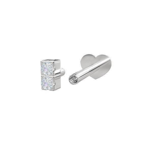 Nordahl Andersen labret piercing i rhodineret sølv med to zirkoner, set fra siden