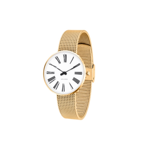 Arne Jacobsen Roman ur med hvid skive, romertal og forgyldt stål meshlænke – Ø34 mm