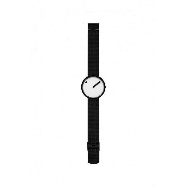 Picto unisex ur med hvid skive og mat IP sort stål mesh lænke, 40 mm – set fra oven