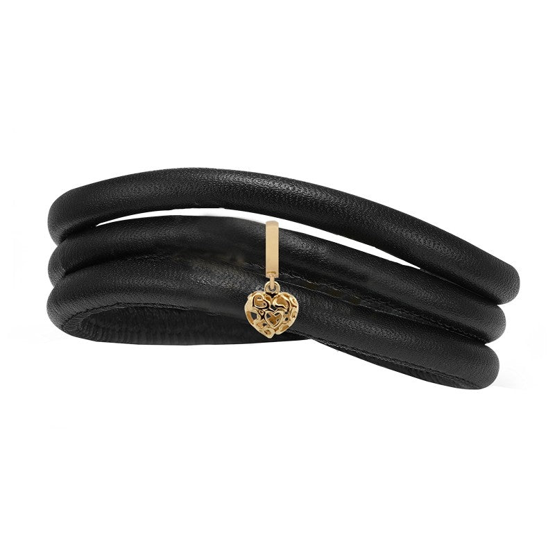 Christina Heart Beat Love læderarmbånd med charm i forgyldt sølv