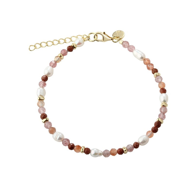 Aqua Dulce Peachy Bracelet i forgyldt sølv med jordbærkvarts, solsten og ferskvandsperler