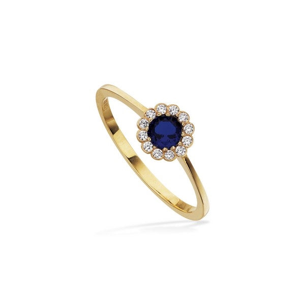 Scrouples ring i 8 kt. guld med roset-design og blå zirkonia omgivet af hvide zirkonia-sten