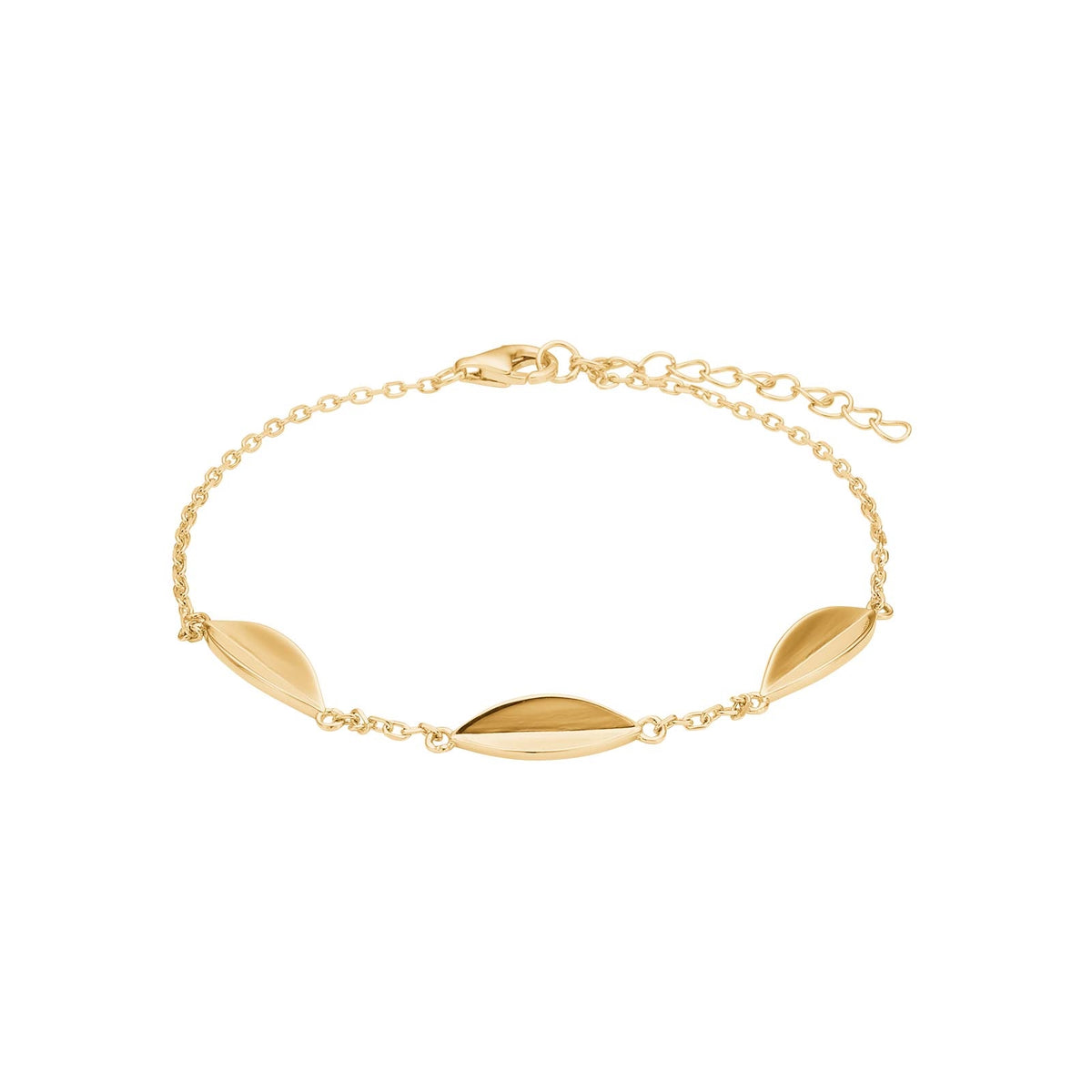 Nordahl Andersen forgyldt sterlingsølv armbånd med tre fine bladvedhæng i naturinspireret design