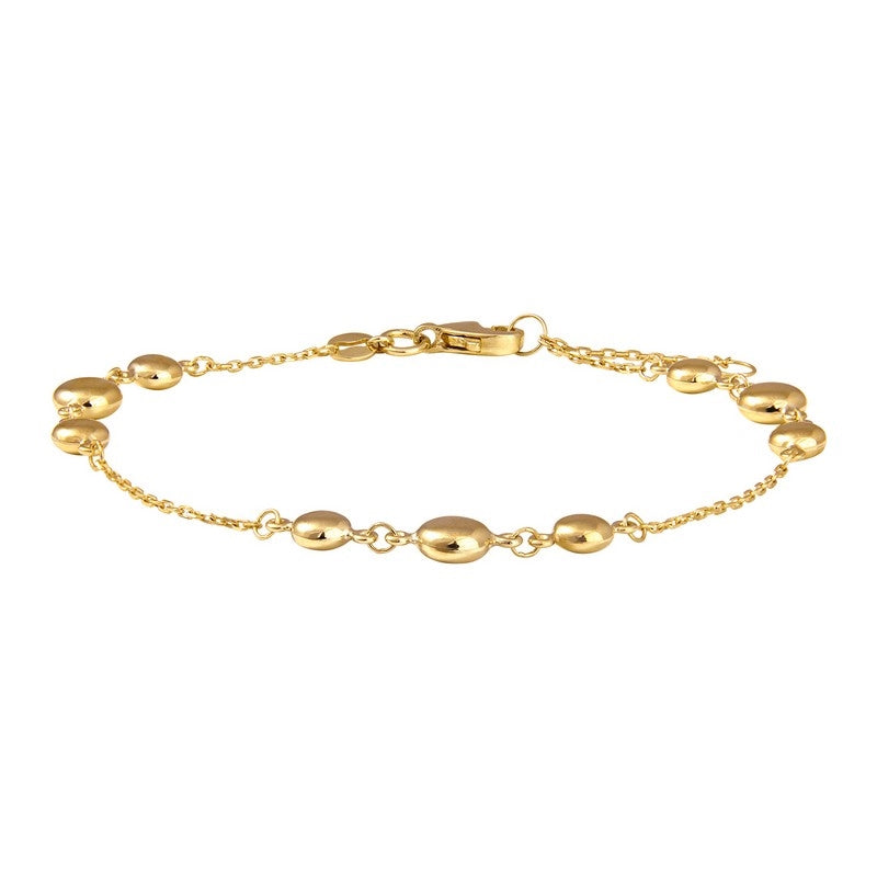 Siersbøl armbånd i 8 karat guld med tre små flade guldkugler og justerbar kæde