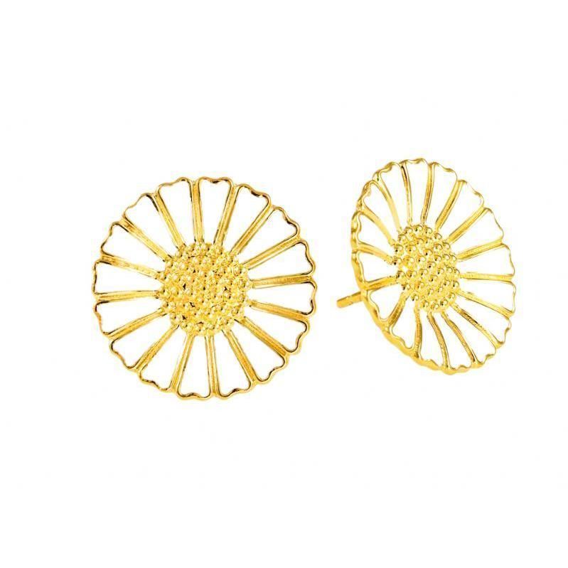 Lund Copenhagen marguerit ørestikker i 24 kt. forgyldt sølv med hvid emalje, 18 mm