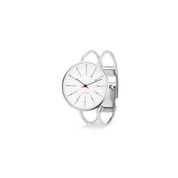 Arne Jacobsen Bankers Bangle armbåndsur i stål med hvid urskive og konvekst M2-glas, Ø34 mm
