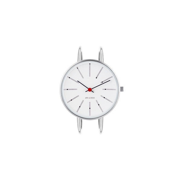 Arne Jacobsen Bankers Bangle armbåndsur i stål med hvid urskive – set fra siden