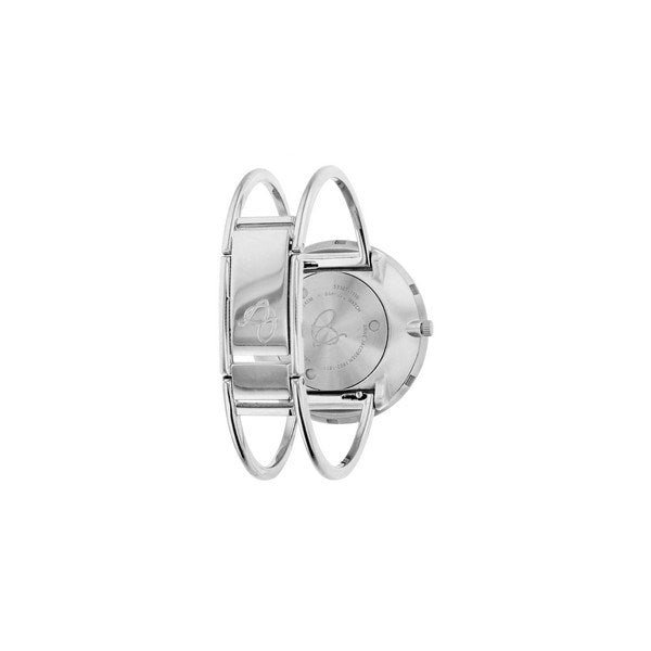 Arne Jacobsen Roman Bangle-ur i stål med hvid skive og romerske tal – nærbillede af fatning