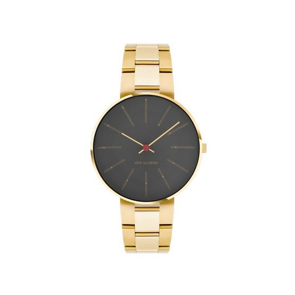 Arne Jacobsen Bankers 50års jubilæumsur med grå marmor-inspireret skive og guldpoleret stållænke, Ø34mm