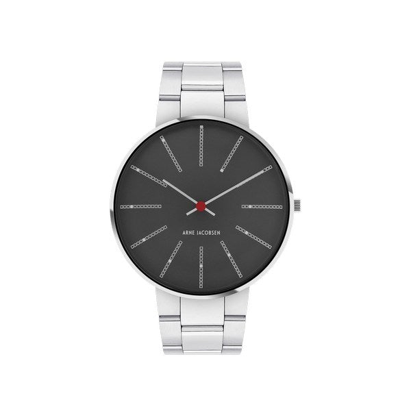 Arne Jacobsen Bankers 50års jubilæumsur med grå marmorinspireret skive og guldpoleret stållænke, Ø40mm