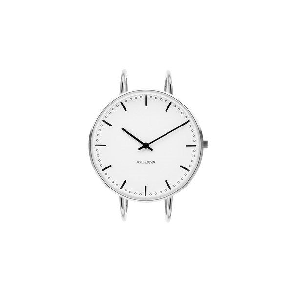 Arne Jacobsen City Hall Bangle armbåndsur i stål med hvid urskive – set fra siden