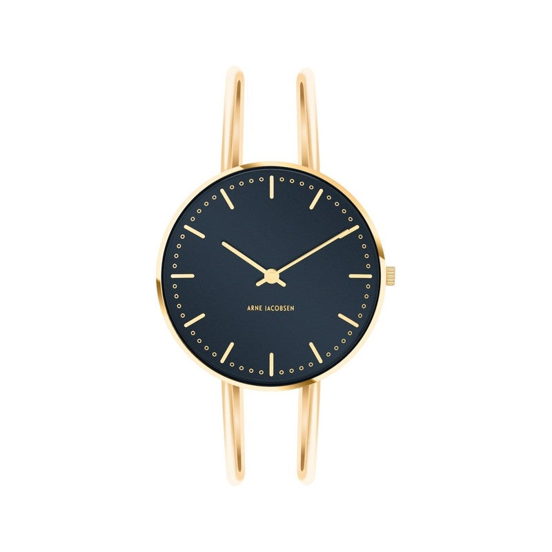 Arne Jacobsen Oxford Blue City Hall Bangle ur i rustfrit stål med blå skive og gyldne visere, Ø34 mm