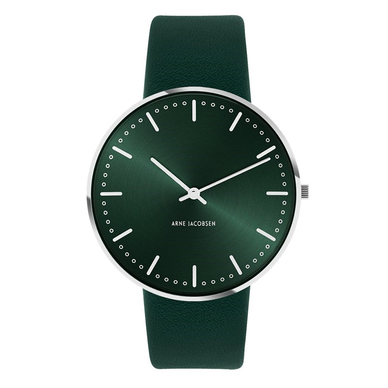 Arne Jacobsen City Hall Evergreen ur med grøn urskive, børstet stål og kalveskindsrem, Ø40 mm