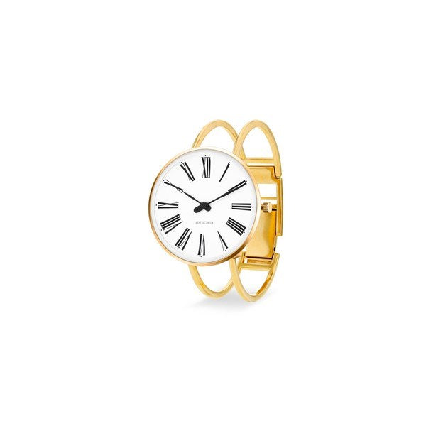Arne Jacobsen Roman Bangle armbåndsur i stål med IPG guldrem og hvid skive med romerske tal