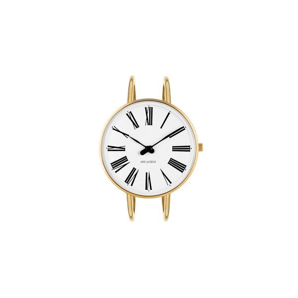 Arne Jacobsen Roman Bangle-ur i stål med IPG guldfarvet bøjle og hvid skive – set fra siden