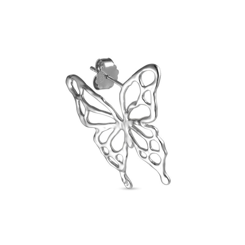 Jane Kønig Butterfly ørering i blank sølv – stiliseret sommerfugleform, 28 mm bred