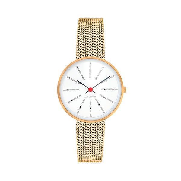 Arne Jacobsen Bankers ur med hvid skive og guldfarvet meshlænke i forgyldt stål, Ø30 mm