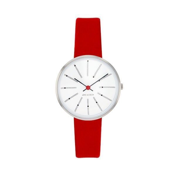 Arne Jacobsen Bankers ur med hvid skive og rød læderrem i kalveskind, Ø30 mm