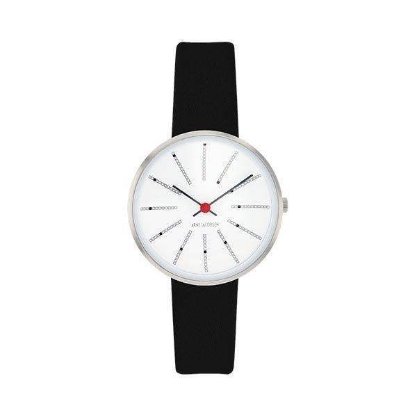 Arne Jacobsen Bankers armbåndsur i rustfrit stål med hvid urskive, sort kalvskindsrem og Ø30 mm skive
