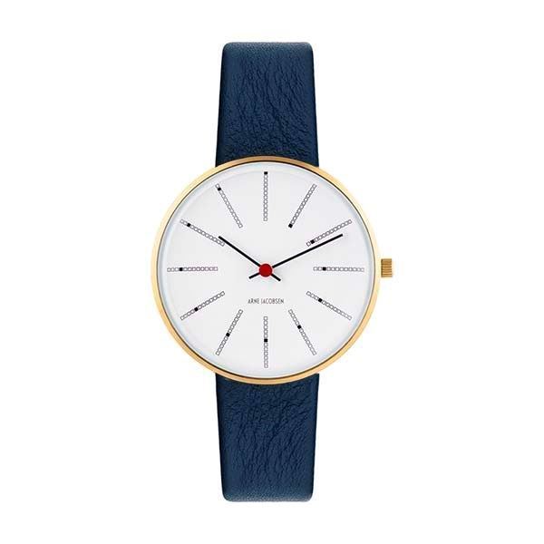Arne Jacobsen Bankers armbåndsur med hvid skive, IPG-finish og navyblå kalveskindsrem – Ø34 mm