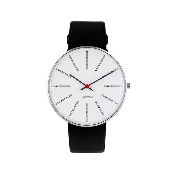 Arne Jacobsen Bankers armbåndsur i rustfrit stål med hvid skive og sort kalveskindsrem – 40 mm