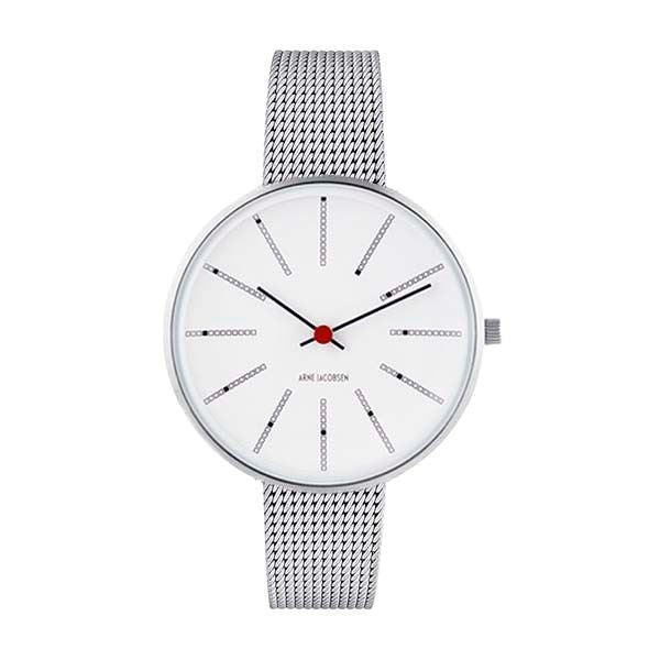 Arne Jacobsen Bankers armbåndsur med hvid skive, 40 mm urkasse i rustfrit stål og stål mesh lænke