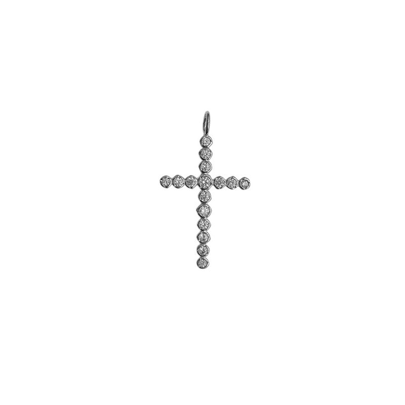 Pico Copenhagen korsvedhæng i sølvbelagt messing med små krystaller – 16x23 mm