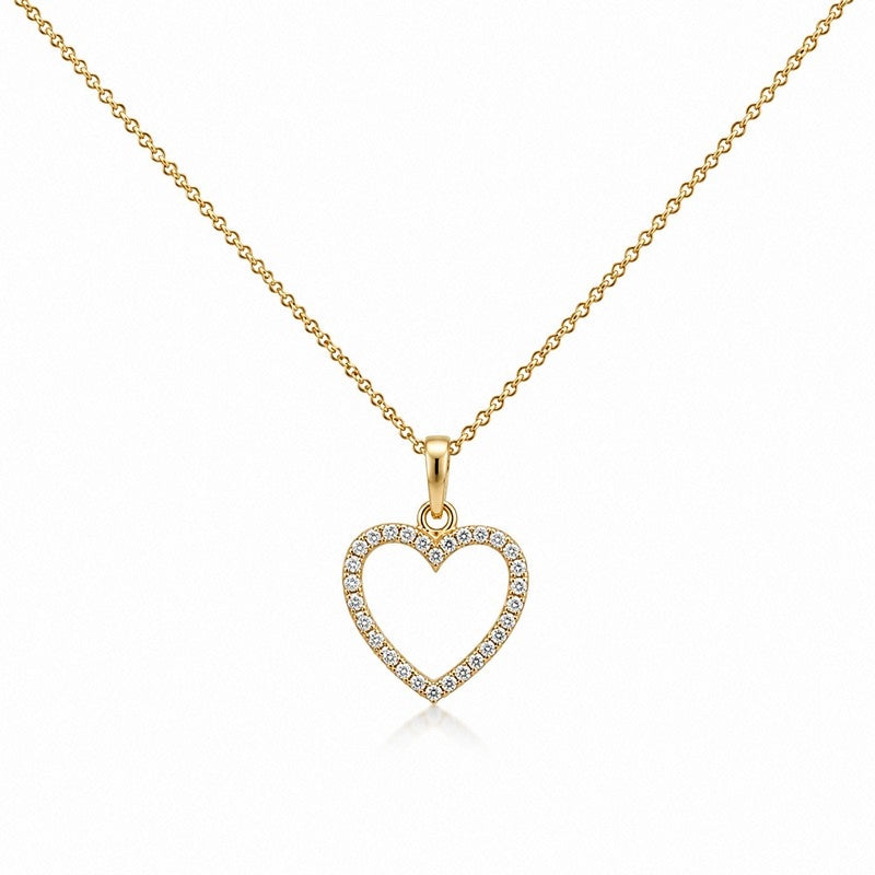 8 kt guld hjertevedhæng med hvide zirkonia og forgyldt kæde, 13x14 mm