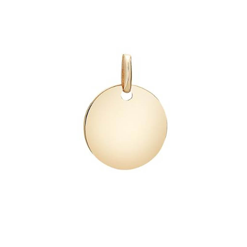 Rundt pladevedhæng i blankt 8 karat guld – graverbart og tidløst design, 14 mm i diameter