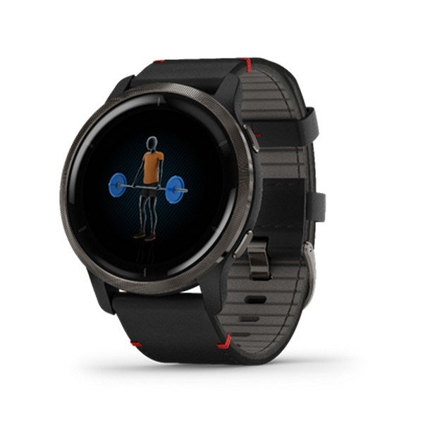 Garmin Venu 2 smartwatch i sort med slate grå læderrem og røde detaljer, 45 mm