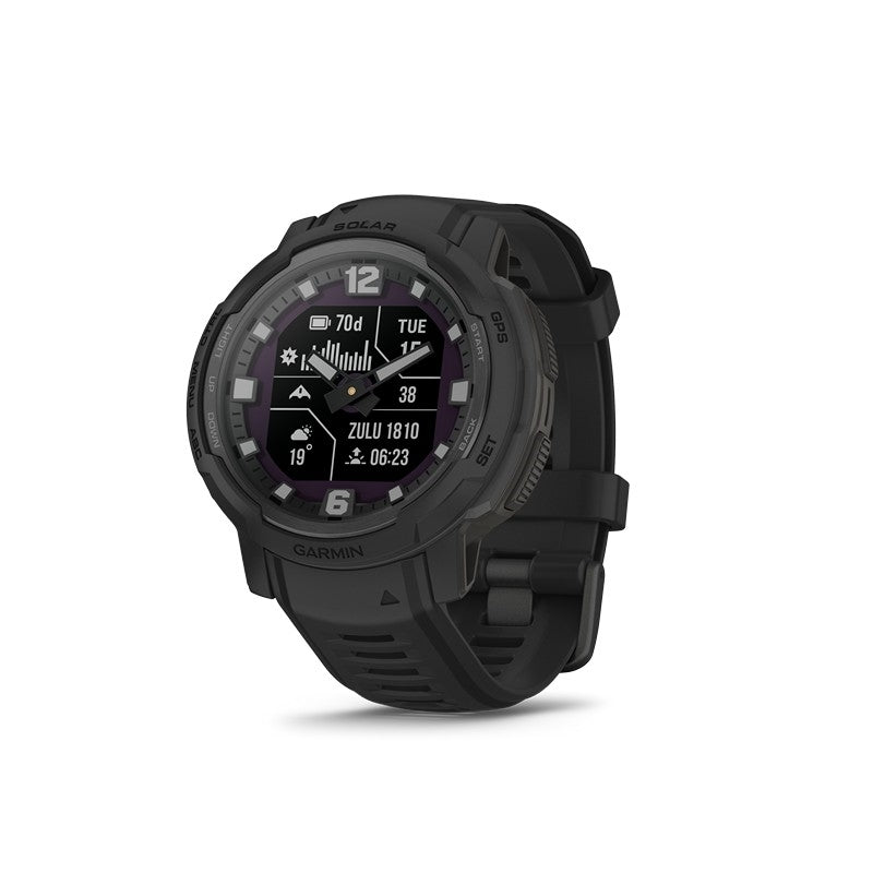 Garmin Instinct Crossover Solar Tactical Edition sort herreur i rustfrit stål – set fra siden