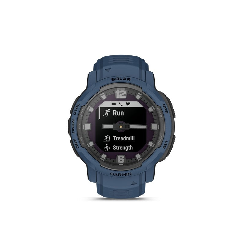 Garmin Instinct Crossover Solar herreur i Tidal Blue med solvopladning, rustfrit stål og Ø 45 mm robust urkasse