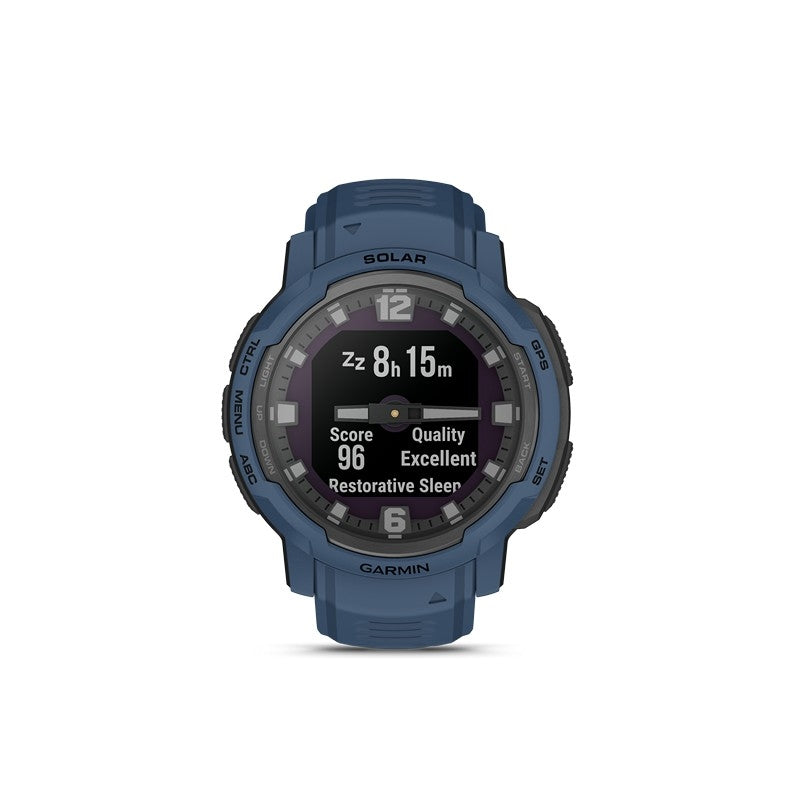 GARMIN Instinct Crossover Solar herreur i rustfrit stål og Tidal Blue – nærbillede af detalje