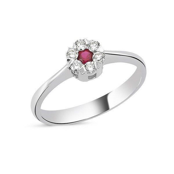 Nuran Flora diamantring i 14 karat hvidguld med rød rubin og diamanter på 0,18 ct