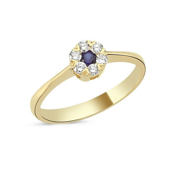 Nuran Flora ring i 14 karat guld med blå safir omgivet af seks diamanter på i alt 0,18 ct