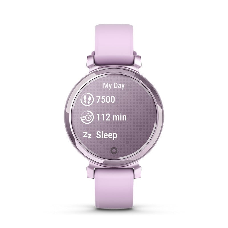 Garmin Lily 2 smartwatch med metallic lilac urkrans og lilac silikonerem, set fra siden